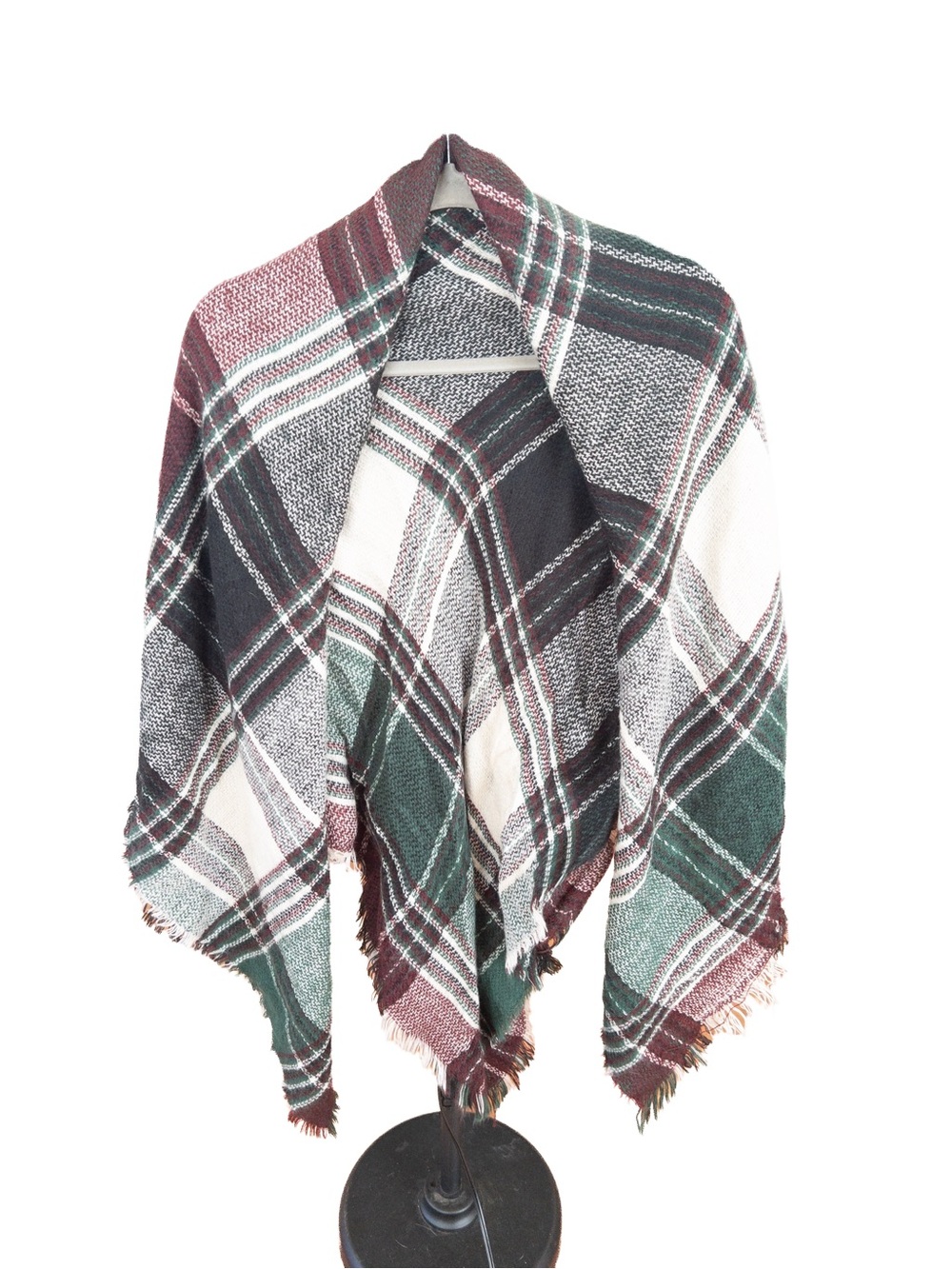 Women’s Plaid Blanket Wrap Poncho Shawl Green Burgundy Cream Fringe